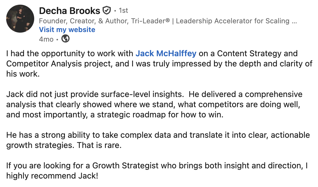 LinkedIn recommendation from Decha Brooks praising Jack for content strategy and competitor analysis